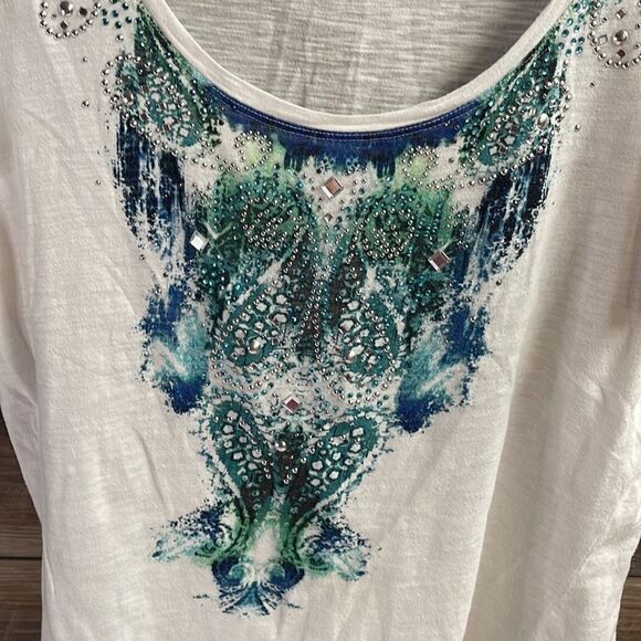 Onque Petite Ladies Top with Bling, Size PXL, White and Blue, Silver Bling - Picture 3 of 5
